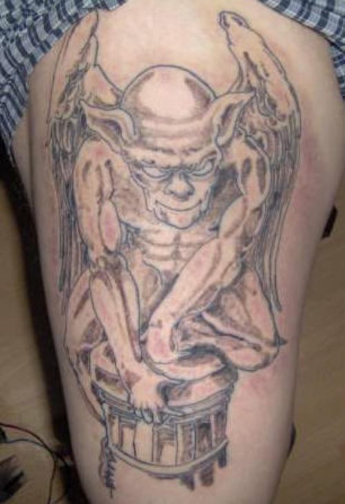 Amazing Grey Ink Gargoyle Tattoo On Leg