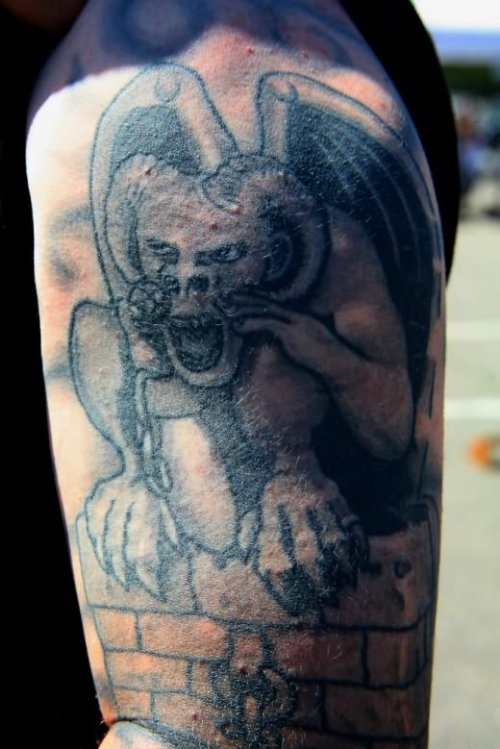 Amazing Left Half Sleeve Gargoyle Tattoo
