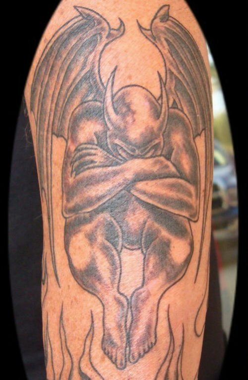 Grey Ink Sad Gargoyle Tattoo On Half Sleeve