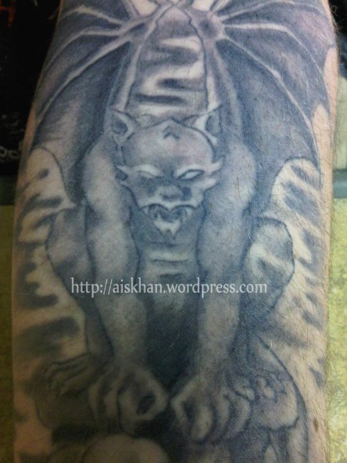 Amazing Grey Ink Gargoyle Tattoo
