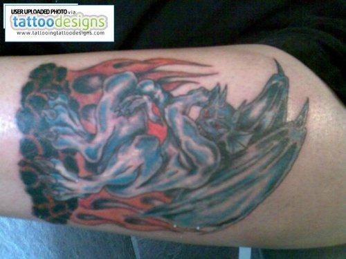 Colored Gargoyle Tattoo On Leg