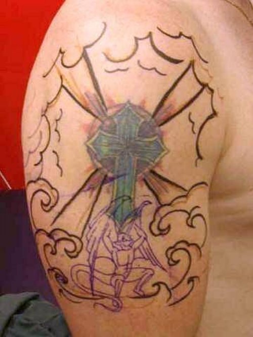 Cross And Gargoyle Tattoo On Right Shoulder