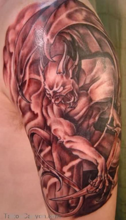 Angry Gargoyle Tattoo On Half Sleeve