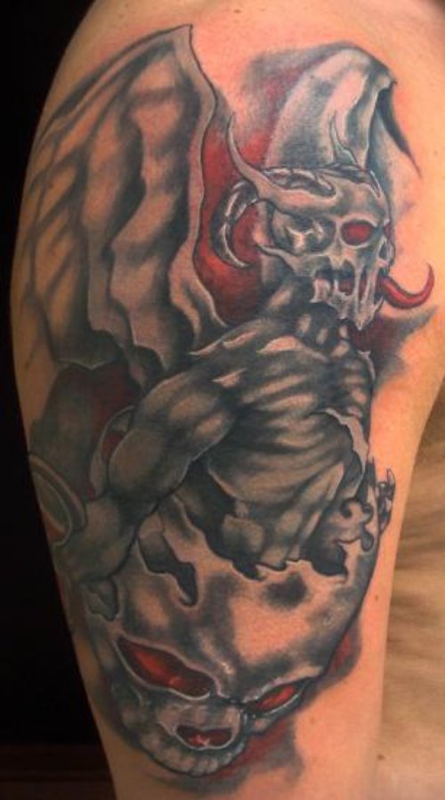 Skeleton Gargoyle Tattoo On Upper Arm