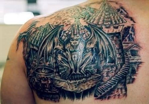 Gargoyle And Castle Tattoo On Back Shoulder