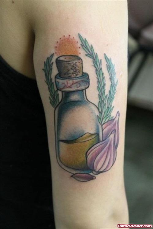 Awesome Color Ink Garlic Tattoo On Half Sleeve