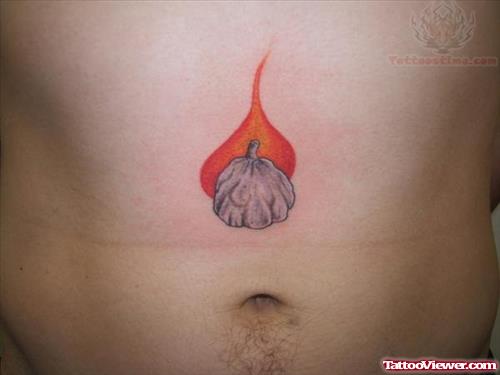 Flaming Garlic Tattoo On Stomach