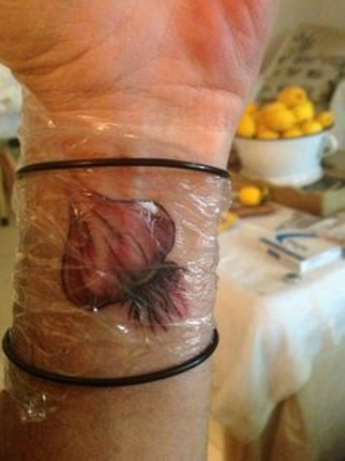 Recent Garlic Tattoo On Left Wrist