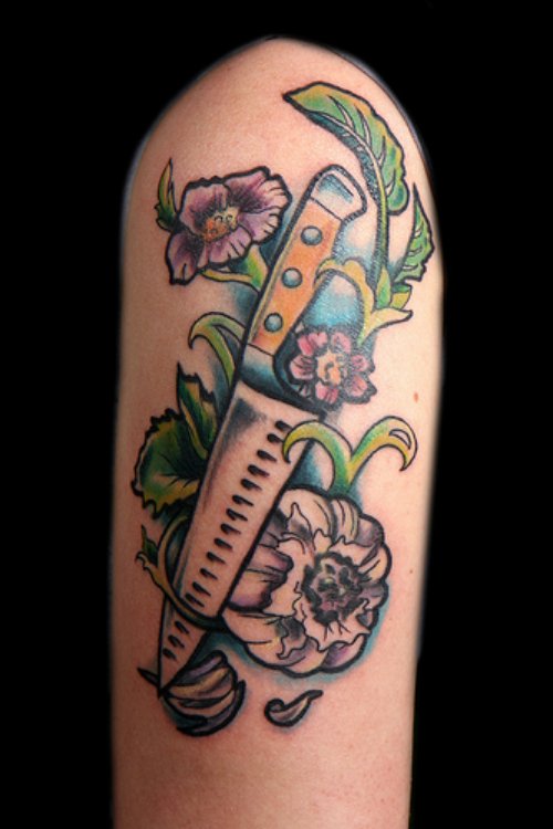Knife And Garlic Tattoo On Half Sleeve