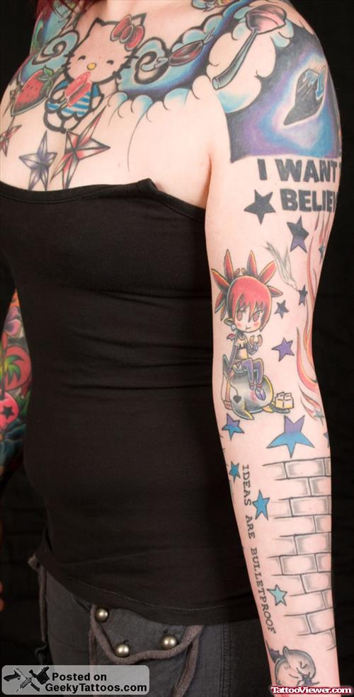 Awesome Colored Geek Tattoo On Left Sleeve
