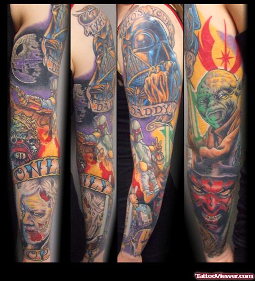 Awesome Color Ink Geek Tattoo On Left Sleeve