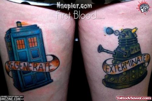 Regenerate Exterminate Geek Tattoos On Both Thigh