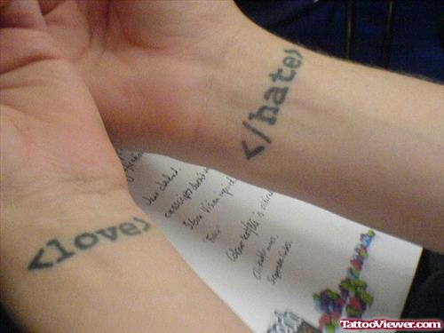 Grey Ink Love Hate Geek HTML Tags Tattoos On Wrists