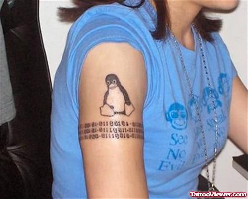 Geek Lettering And Penguine Tattoo On Half Sleeve