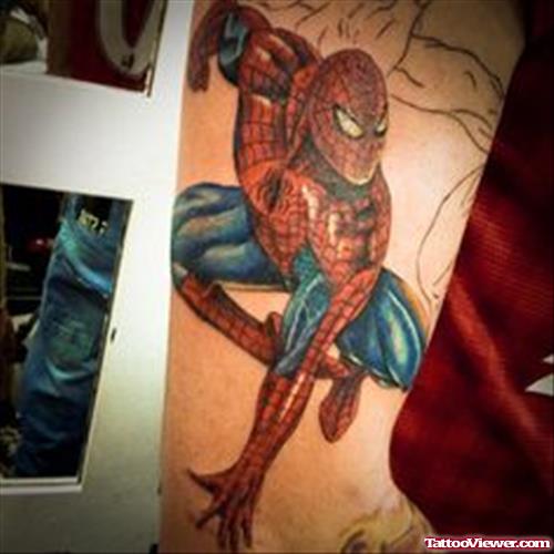 Color Ink Geek Spiderman Tattoo On Arm