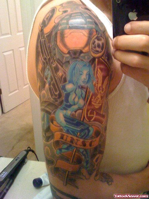 Awesome Colored Geek Tattoo On Right Half Sleeve