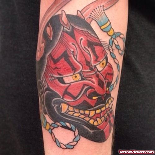Red Ink Demon Geek Tattoo On Sleeve