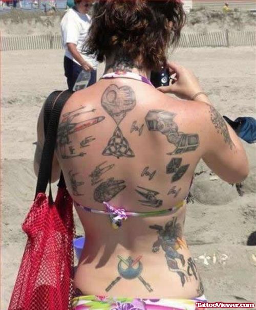 Grey Ink Geek Tattoo On Girl Back Body