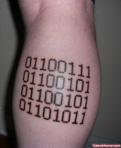 Black Ink Binary codes Geek Tattoo On Leg