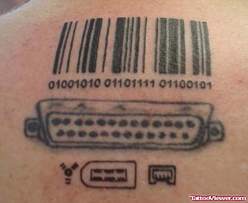 Grey Ink Barcode and Geek Tattoo On Back