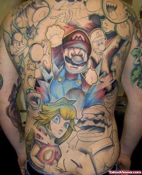 Colored Mario Geek Tattoo On Back