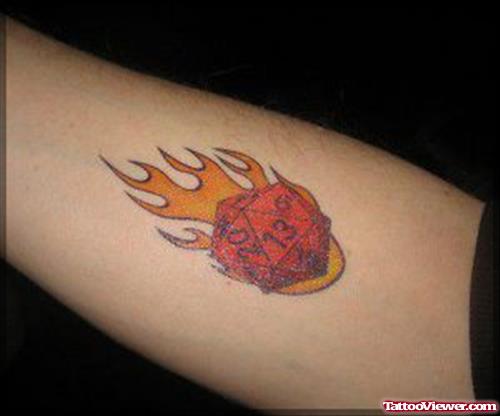 Flaming Dice Geek Tattoo on Right Arm