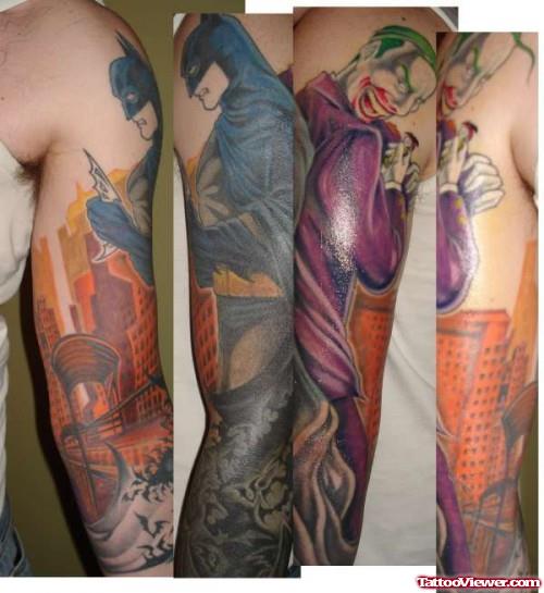 Colored Ink Batman Geek Tattoo On Sleeve