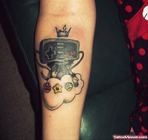 Grey Ink Geek Remote Tattoo On Sleeve