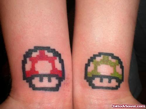Colored Mario Mushrooms Geek Tattoos On Wrists