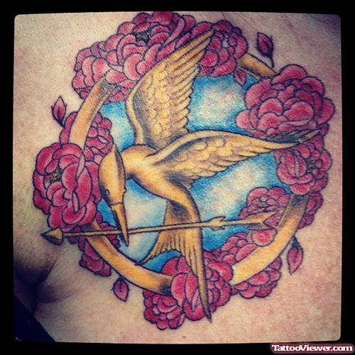 Red Flowers And Swan Geek Tattoo