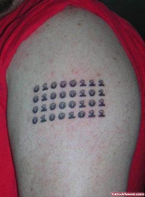 Grey Ink Binary Geek Tattoo On Left Bicep