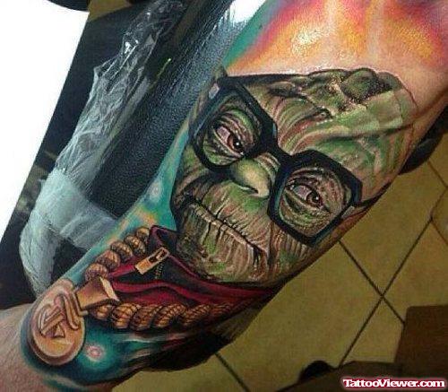 Yoda Color Ink Geek Tattoo On Left Sleeve