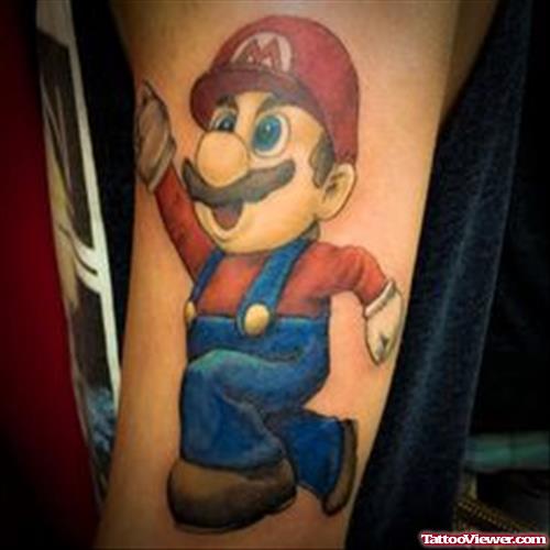 Amazing Color Ink Mario Geek Tattoo On Left Half Sleeve