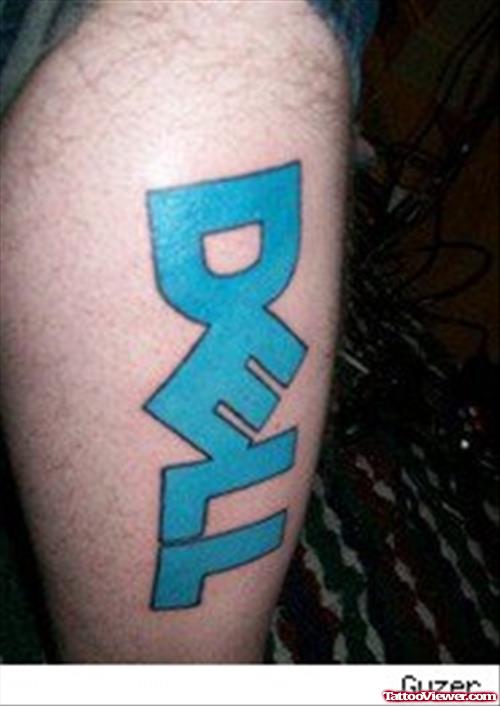 Blue Ink Dell Geek Tattoo On Leg