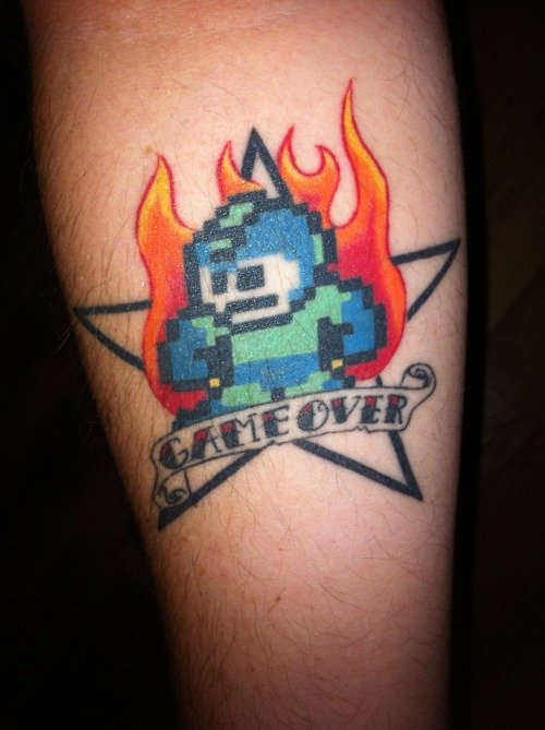 Flaming Animated Game Over Geek Tattoo