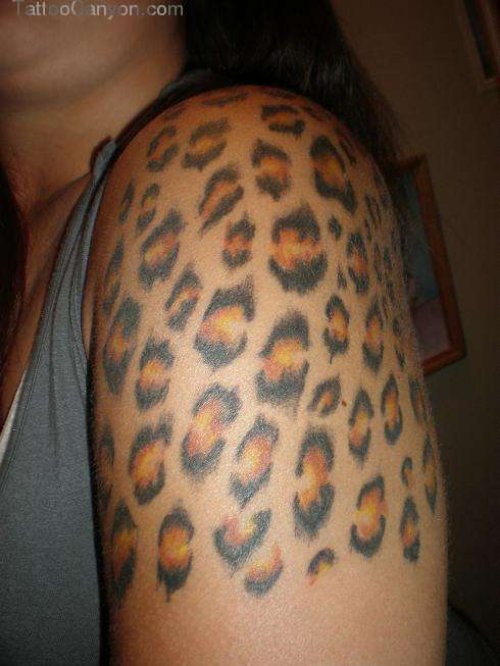 Colored Leopard Prints Geek Tattoo On Left Half Sleeve