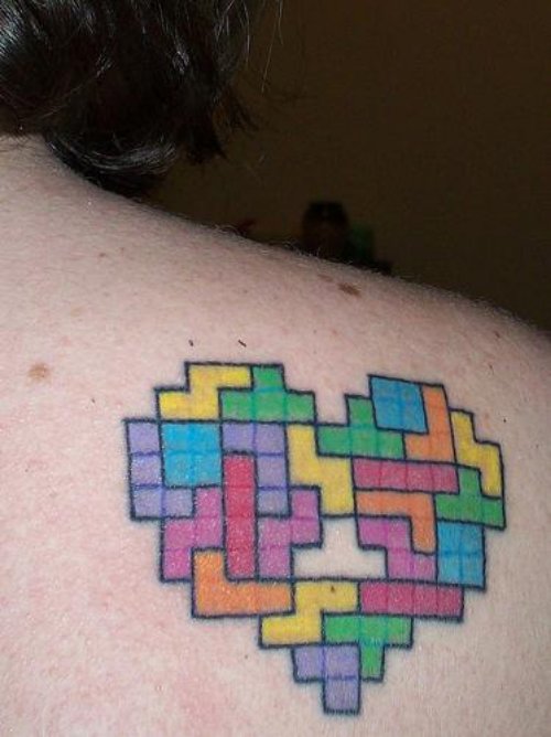 Colored Animted Heart Geek Tattoo On Right Back SHoulder