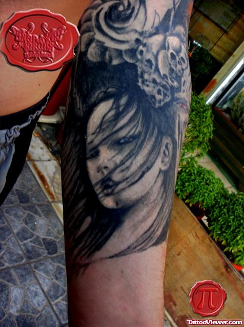 Grey Ink Geisha Tattoo On Left Arm