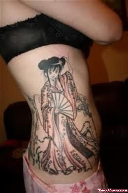 Grey Ink Girl Rib Geisha Tattoo