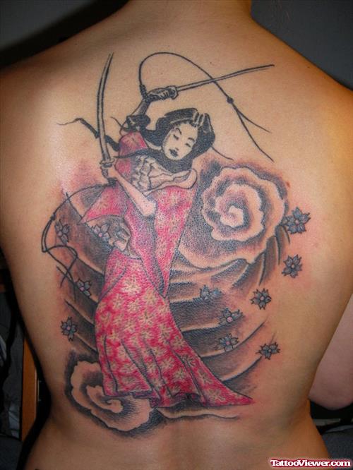 Geisha With Swords Tattoos On Back