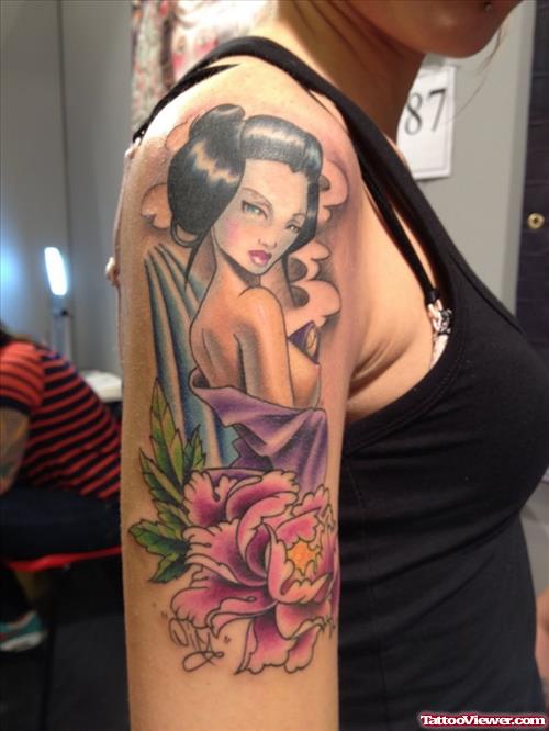 Flower And Geisha Tattoo On Right Half Sleeve