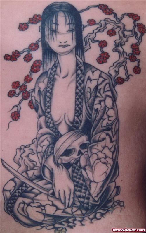 Geisha Girl And Cherry Blossom Flowers Tattoo
