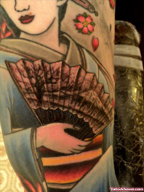 Colored Geisha Tattoo On Sleeve