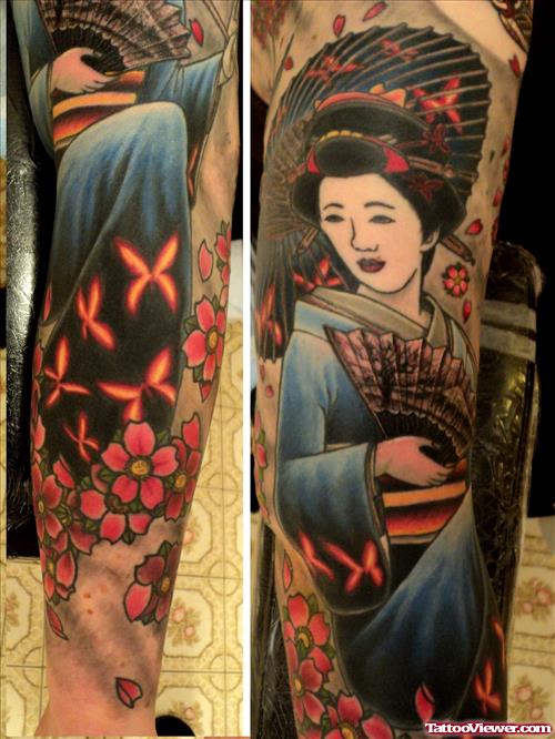 Awesome Colored Geisha Tattoo