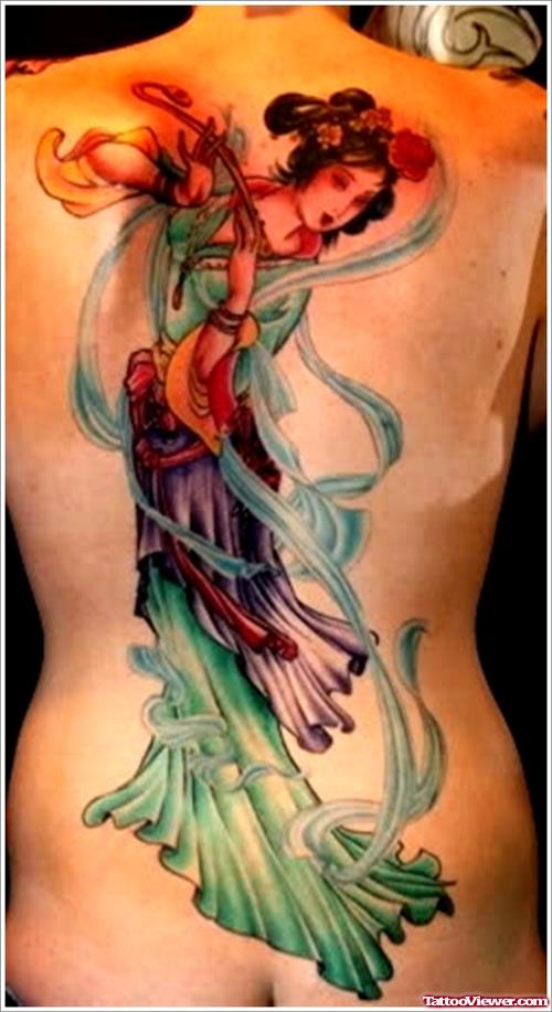 Amazing colorful Geisha Tattoo On Back