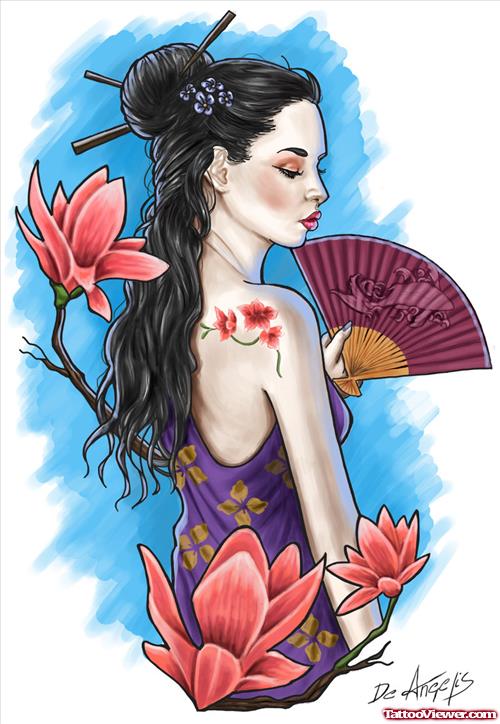 Pink Flowers and Geisha Tattoo Design For Women