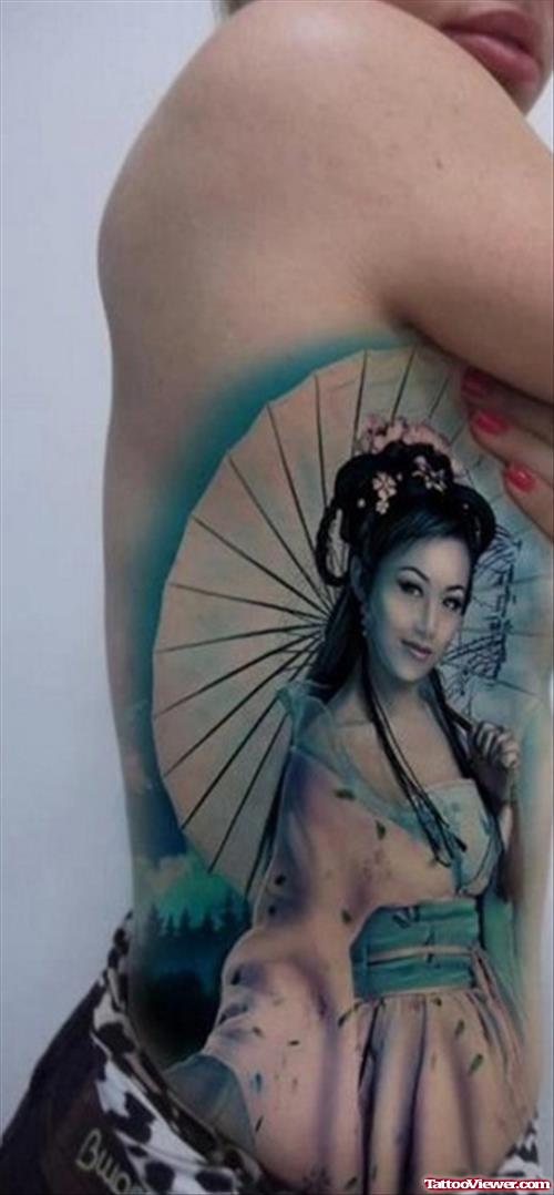 Awesome Color Ink Geisha Tattoo On Rib Side