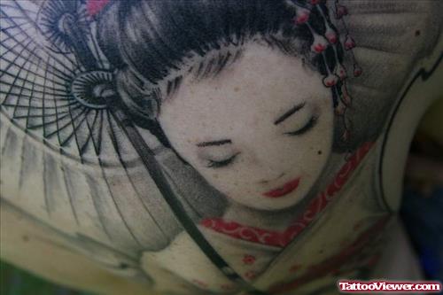 New Amazing Grey Ink Geisha Tattoo Design