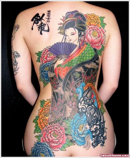 Japanese Flowers and Geisha Tattoo On Full Back