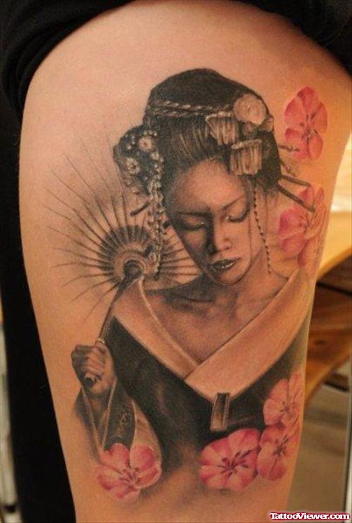 Grey Ink Japanese Geisha With Pink Flowers Tattoo